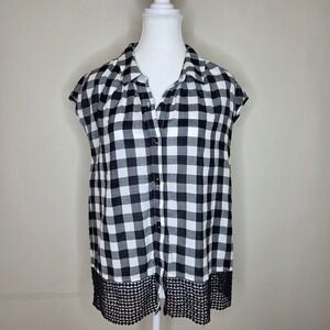 Holding Horses Anthropologie Gingham Sleeveless Blouse Crochet Trim Size M